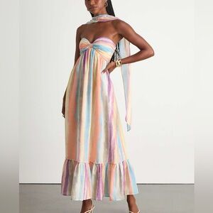 Lulus size medium peach multi striped midi dress and scarf set new with tags